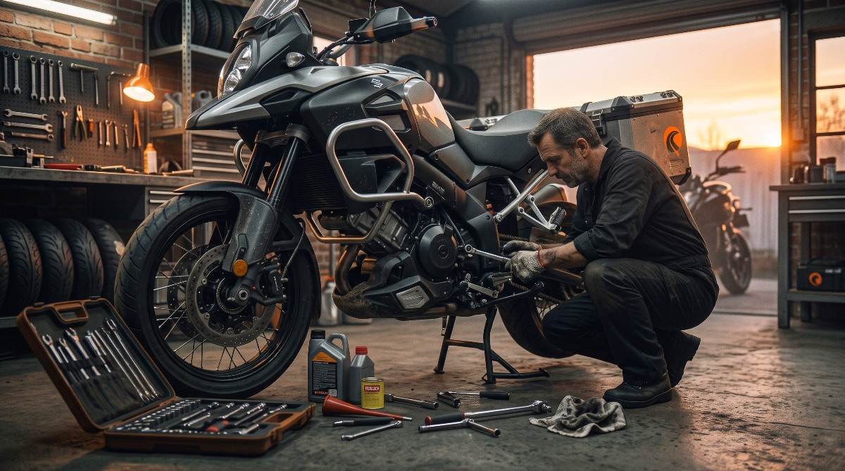 Mecánico realizando el mantenimiento de una Suzuki V-Strom 1000 en taller al atardecer.