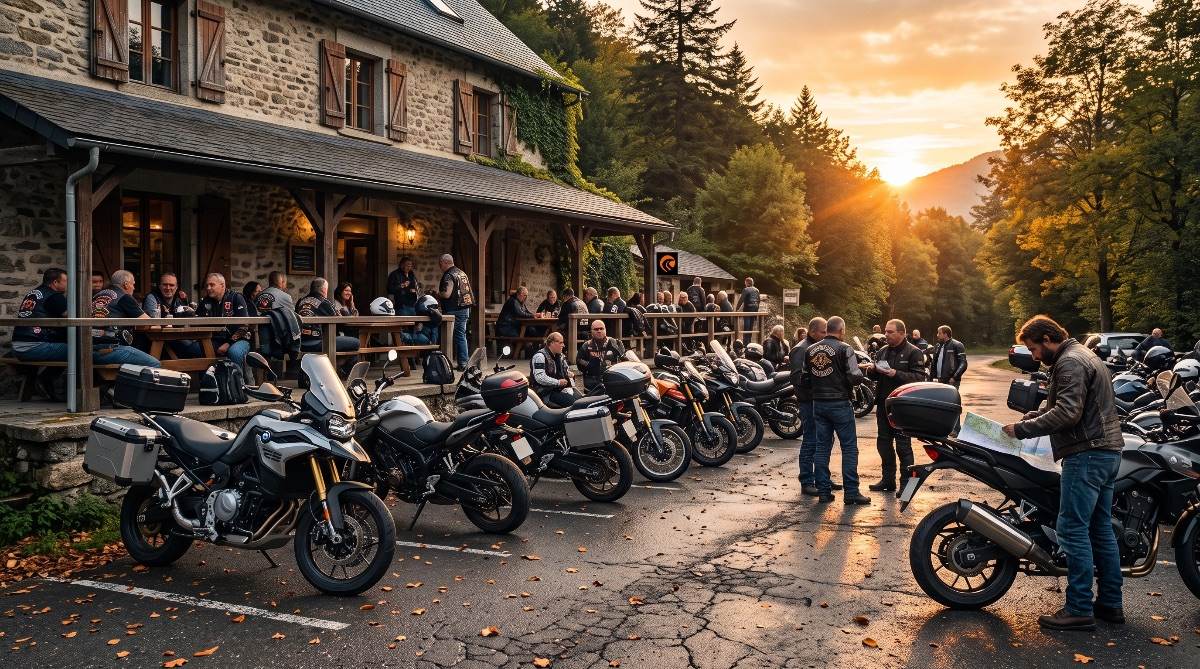 Moteros y motoclubes reunidos frente a un bar de ruta con motos aparcadas al atardecer.