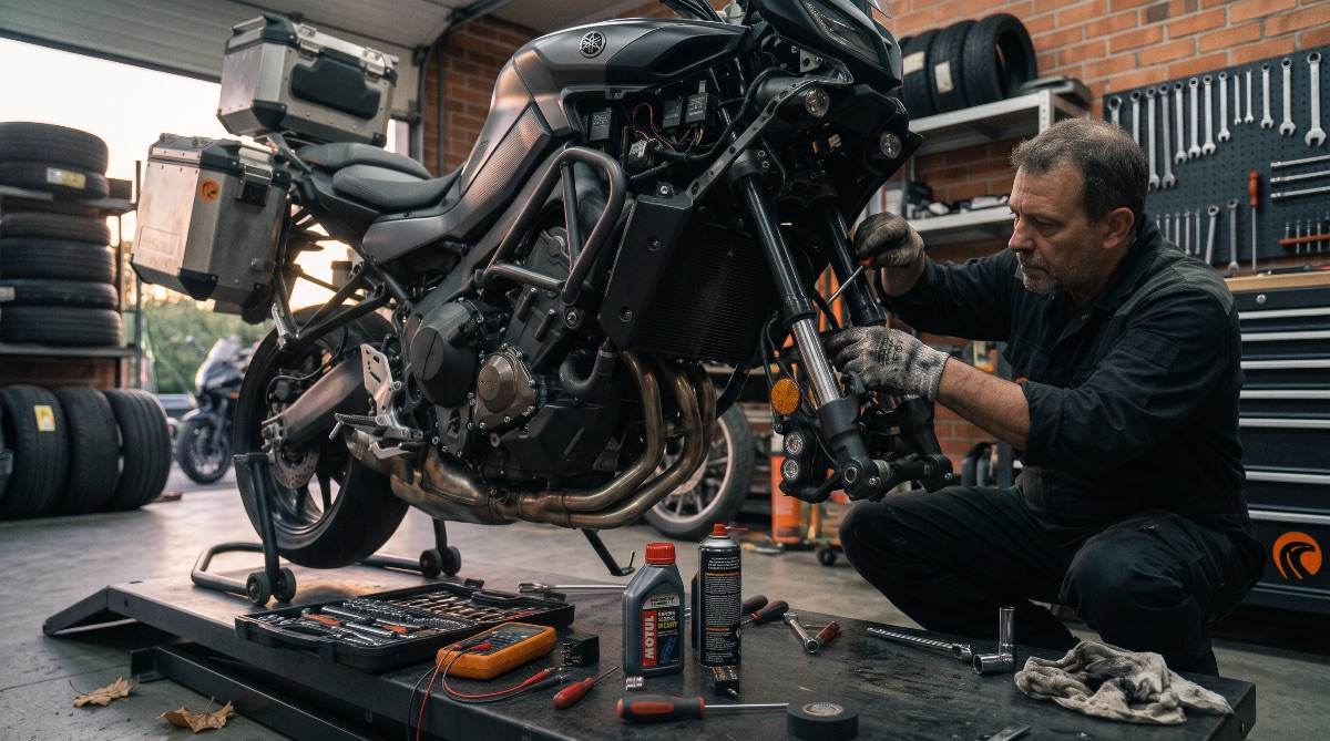 Mecánico realizando la revisión de la suspensión electrónica de una Yamaha Tracer 9 GT en taller