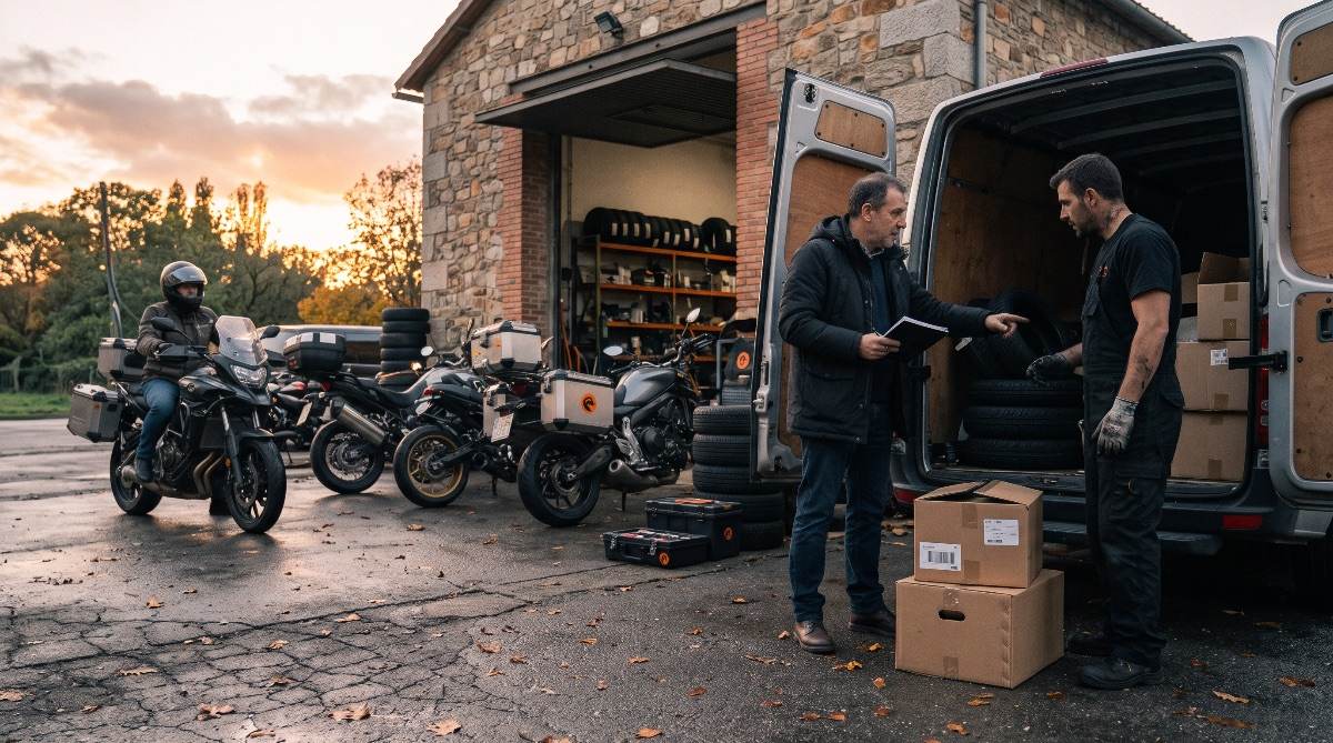 Mecánicos y gerente de taller de motos organizando el stock y las ofertas de Navidad en el exterior.