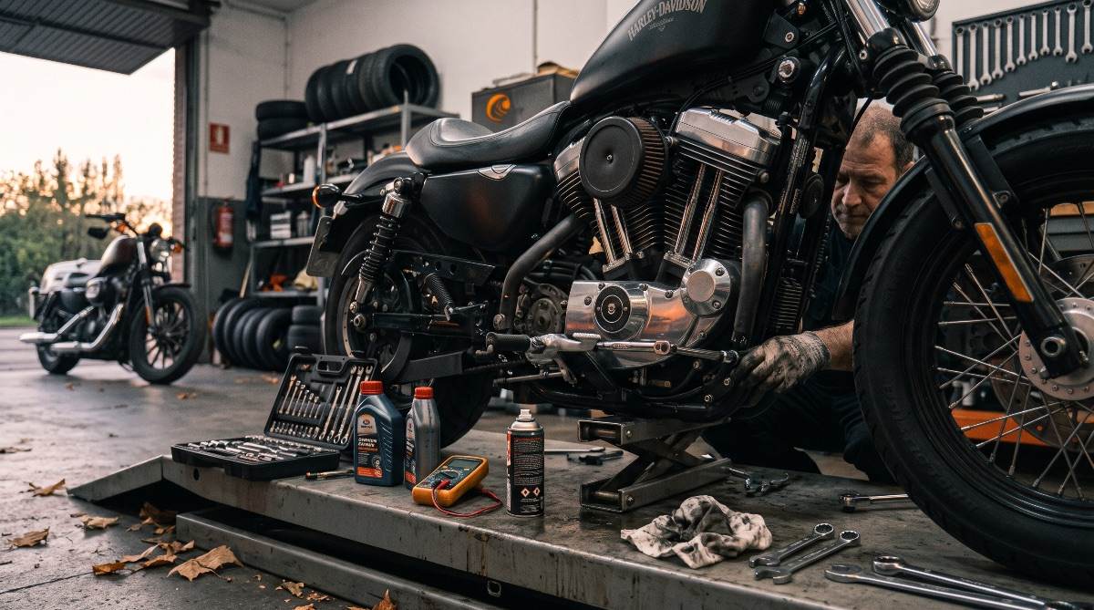 Mecánico realizando la revisión de un motor Evolution de Harley-Davidson Sportster en el taller.