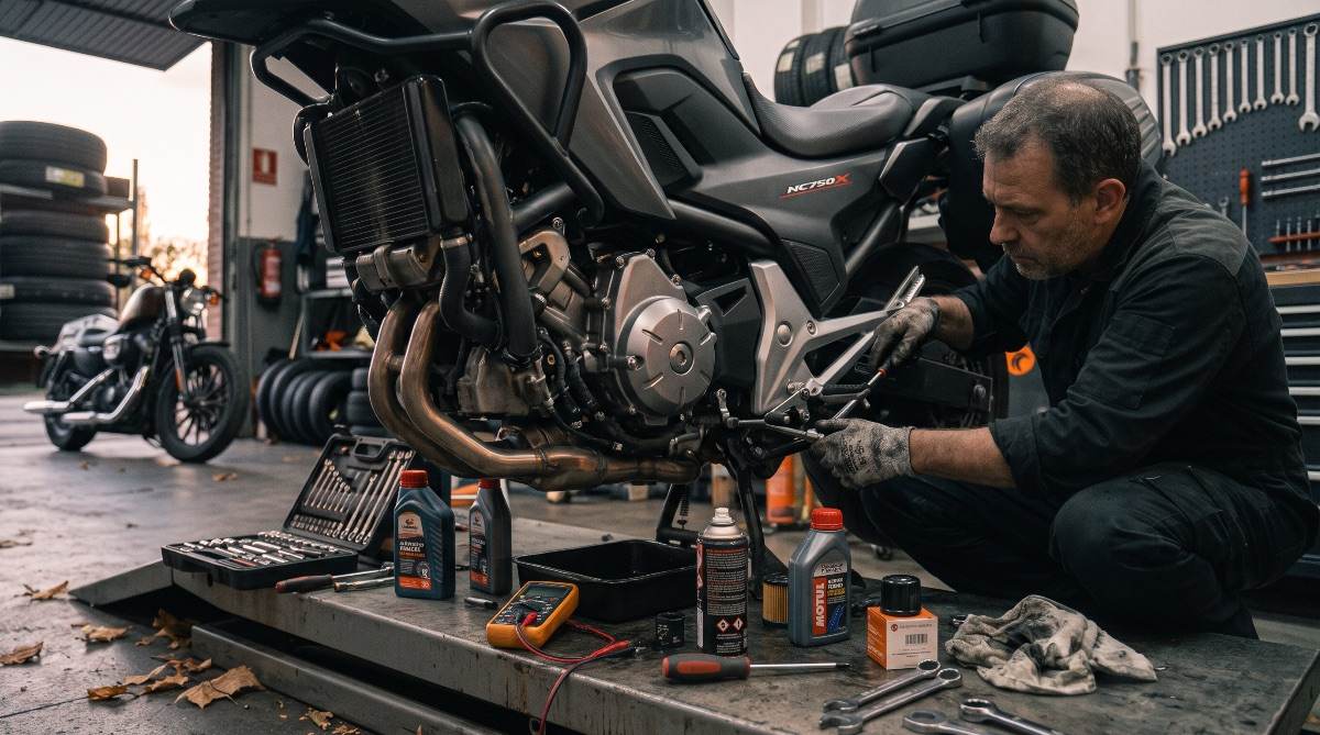 Mecánico realizando la revisión de motor y la transmisión de una Honda NC750X en el elevador del taller.